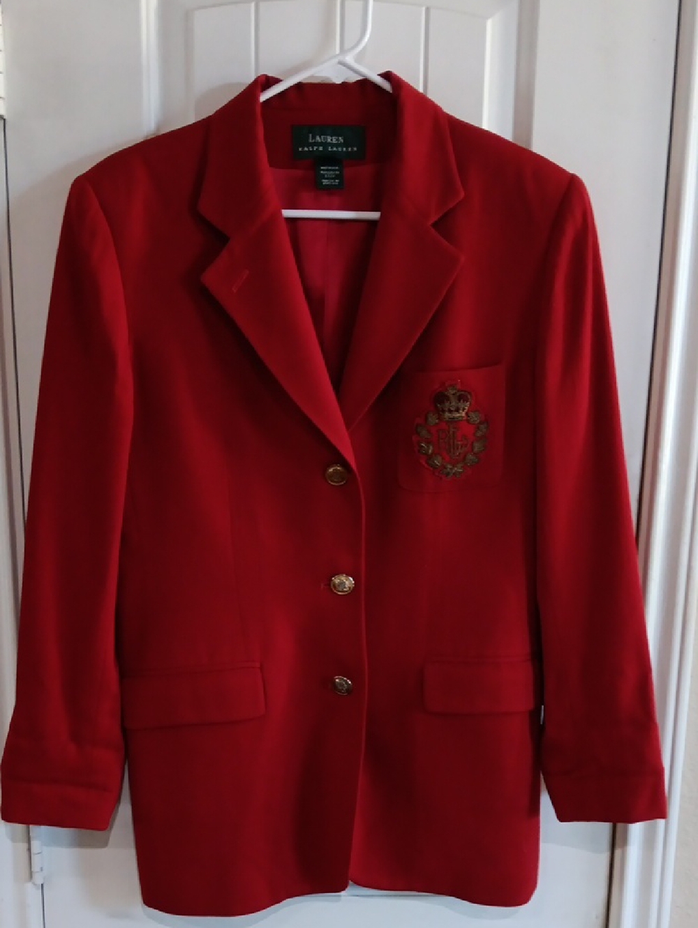 LRL Ralph Lauren Red 100% Wool Crest Blazer Made in USA Size 8 Preppy
